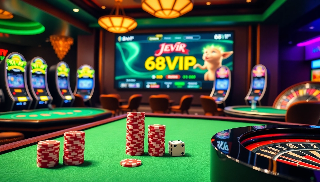 Exciting gaming environment at 68VIP with dice, poker chips, and casino tables
