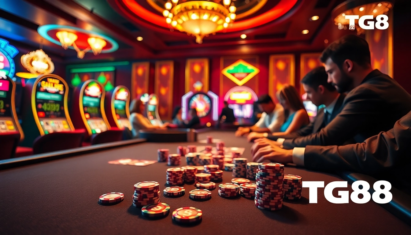 Experience the thrill of the TG88 casino with vibrant poker chips and roulette actions.