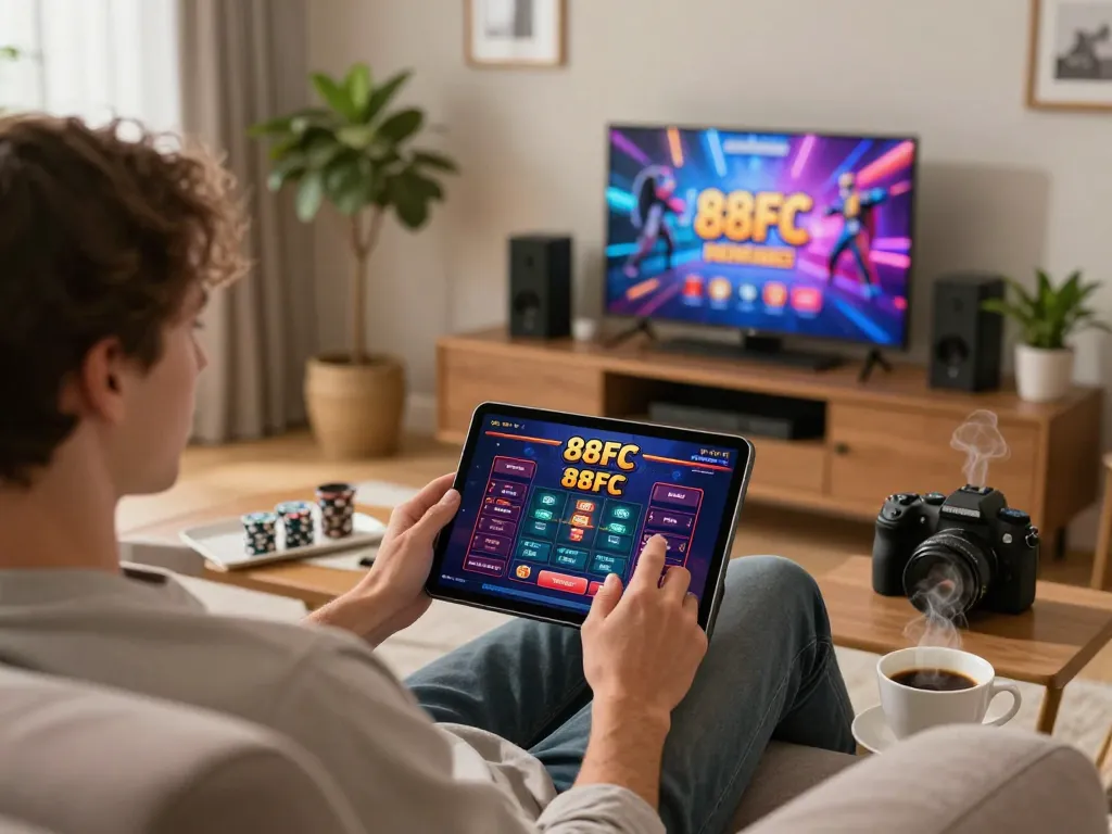 Engaging with 88FC's vibrant casino game interface on a tablet in a cozy home setting.