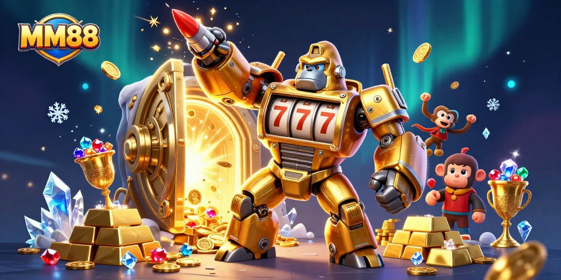 Experience the exciting world of MM88 with a vibrant 3D illustration showcasing a golden gorilla mech and treasures.