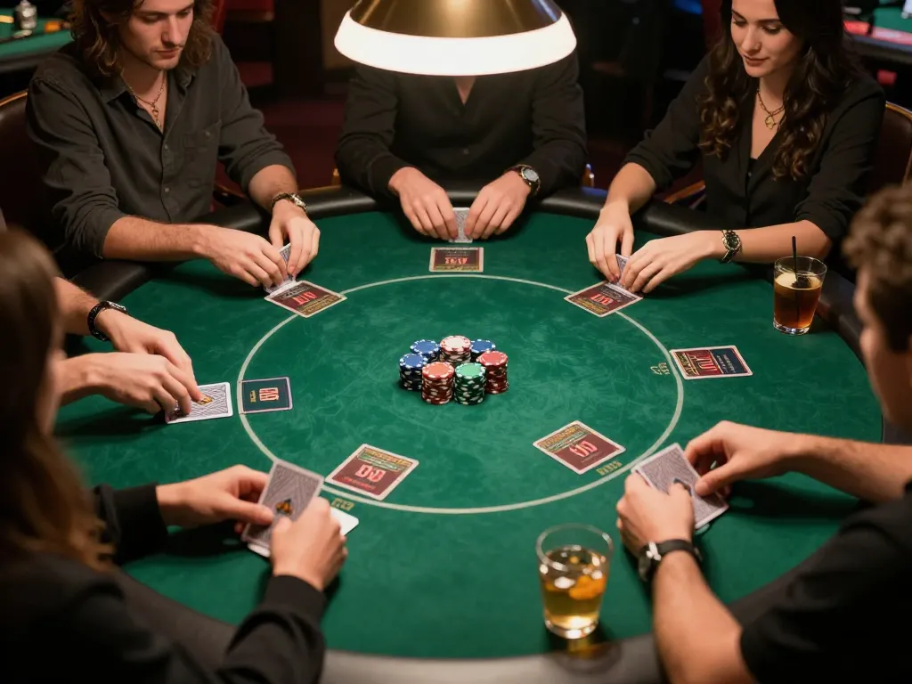 Players strategizing in an engaging poker game at GG88, showcasing vibrant chips and cards.