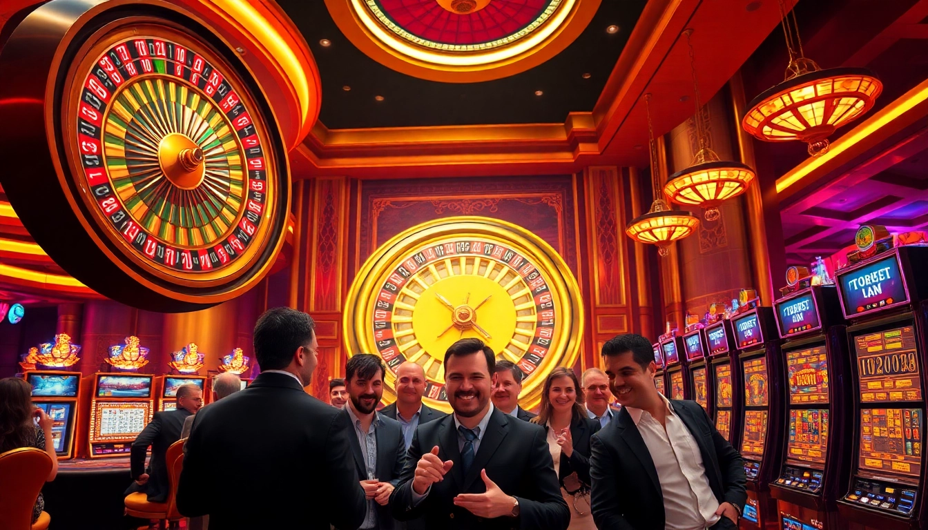 Players enjoy the thrilling atmosphere of TR88 with vibrant slot machines and roulette wheels.
