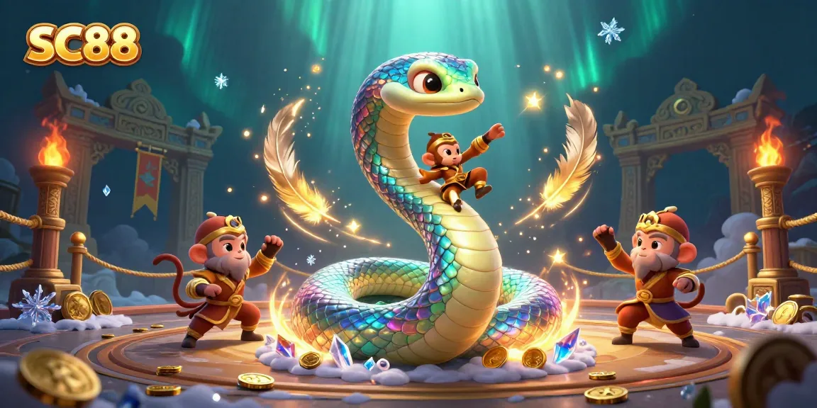 Engage with SC88 in an enchanting casino scene with a rainbow serpent, a monkey king, and vibrant gambling elements.