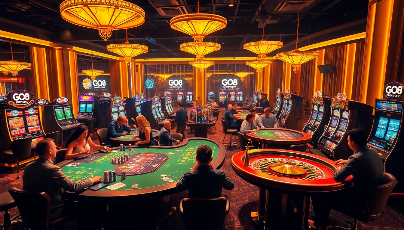 GO8 players strategizing at a modern casino table with excitement and vibrant gaming elements.