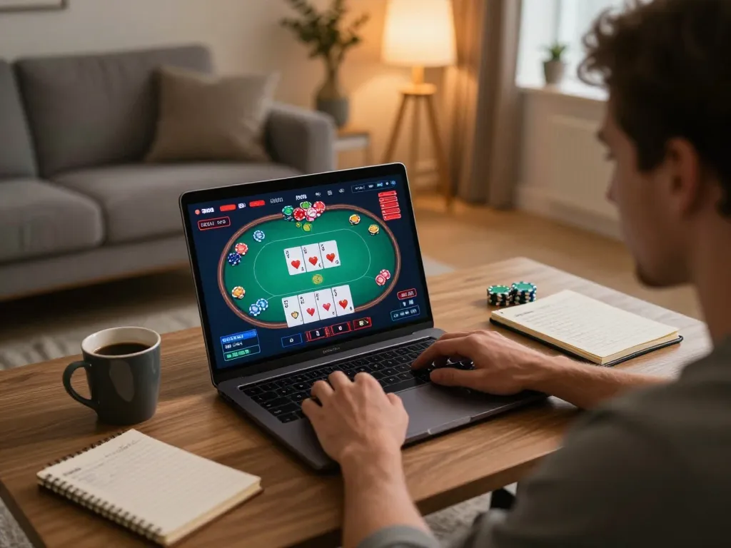 Player enjoying online gaming at https://lucky88.sbs/ in a modern living room with poker game displayed