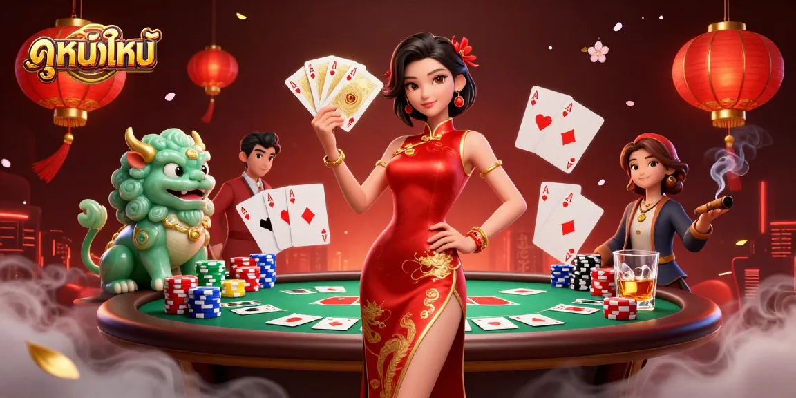 Engage with ดูหนังใหม่ on the vibrant poker scene featuring luxurious cards and classic gaming elements.