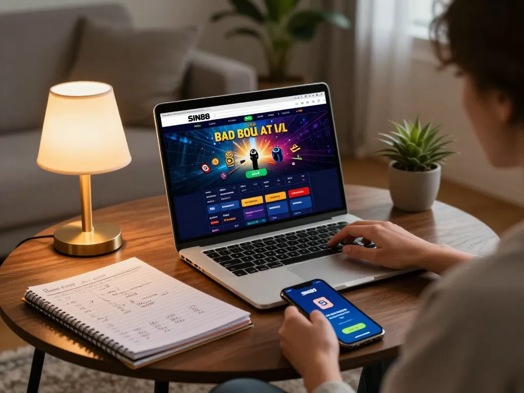 Simplifying sports betting with SIN88 app, a player engages in online gaming from home while reviewing strategic notes.