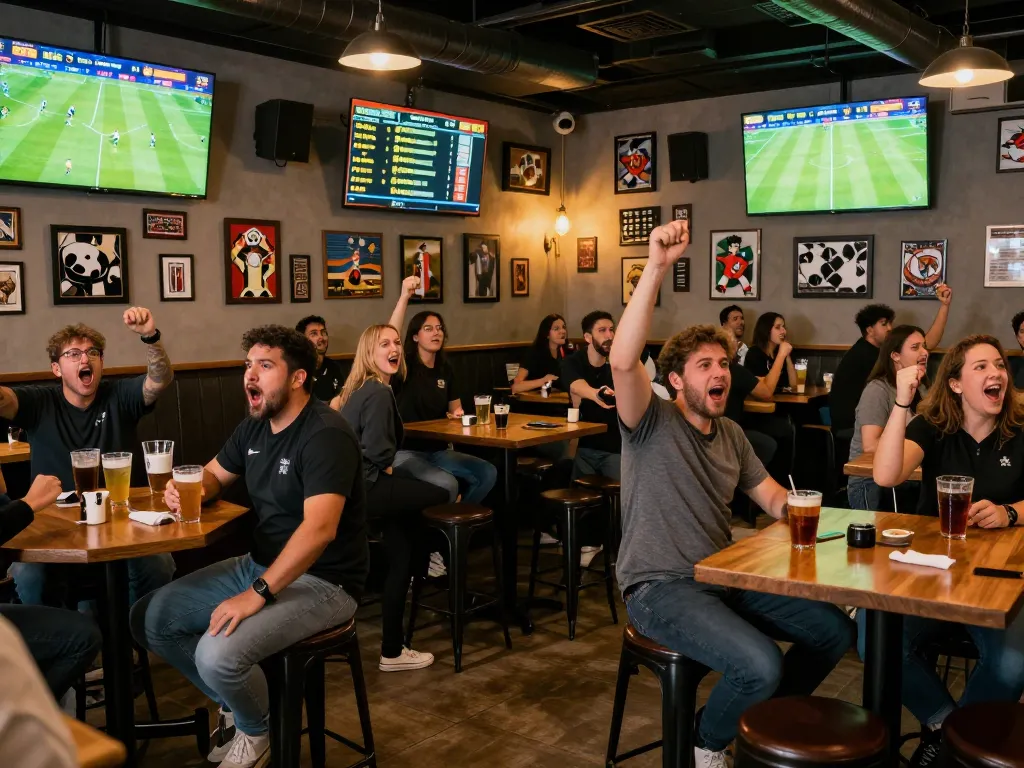 View of vibrant bar filled with fans watching kết quả bóng đá live, displaying excitement and engagement