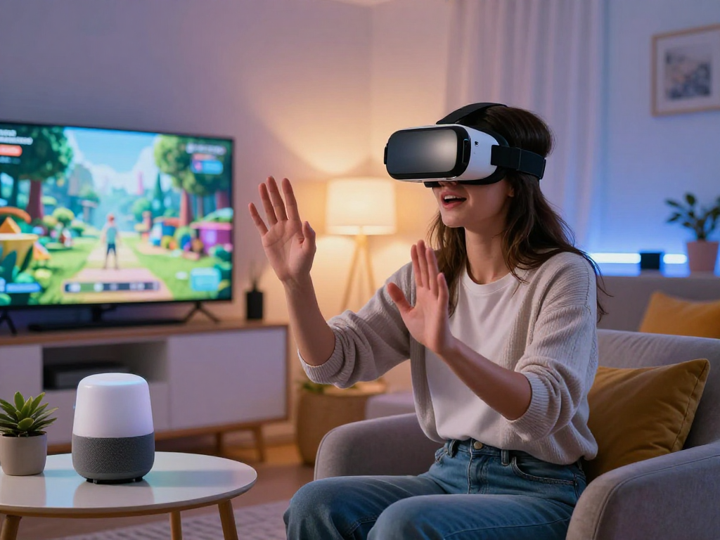 Engaging moment of a woman with her AI girlfriend in a cozy living room, showcasing innovative technology.