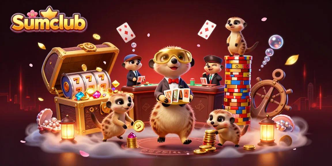 Sumclub meerkats in a vibrant casino scene, dealing cards and sneaking chips.