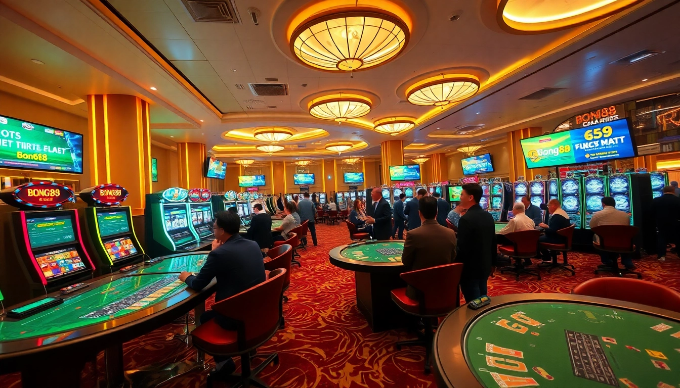 Bong88 casino scene with vibrant gaming tables and excited players in a lively atmosphere.