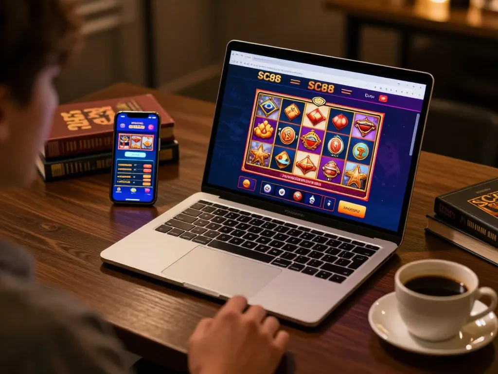 An engaging player experiences SC88 online casino gaming on a laptop with vibrant slot graphics.