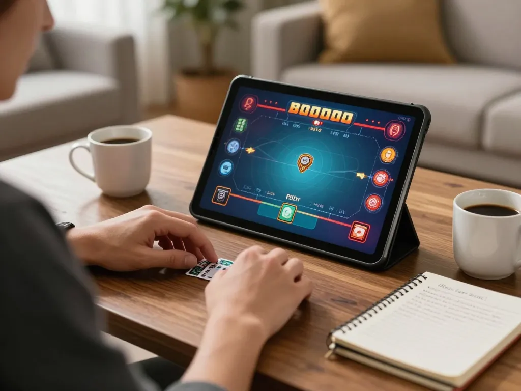 Engaging in poker gameplay on Nk88 app while strategizing with notes in a comfortable home setting.