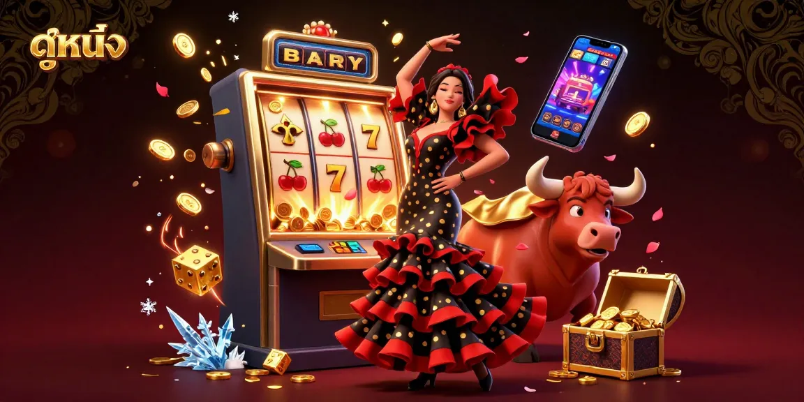 Enjoy ดูหนัง in a lively casino atmosphere with a dancing flamenco woman and a charming bull amidst slot symbols and gold coins.