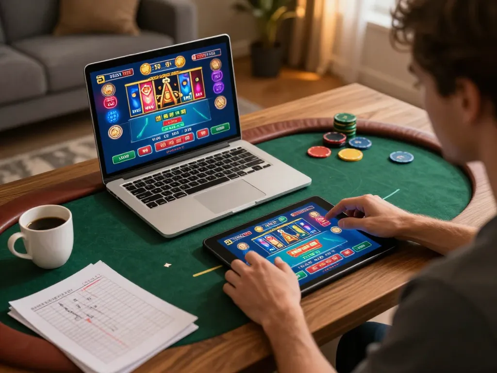 Person enjoying rr88 online casino gaming at home with laptop and tablet, demonstrating strategic betting.
