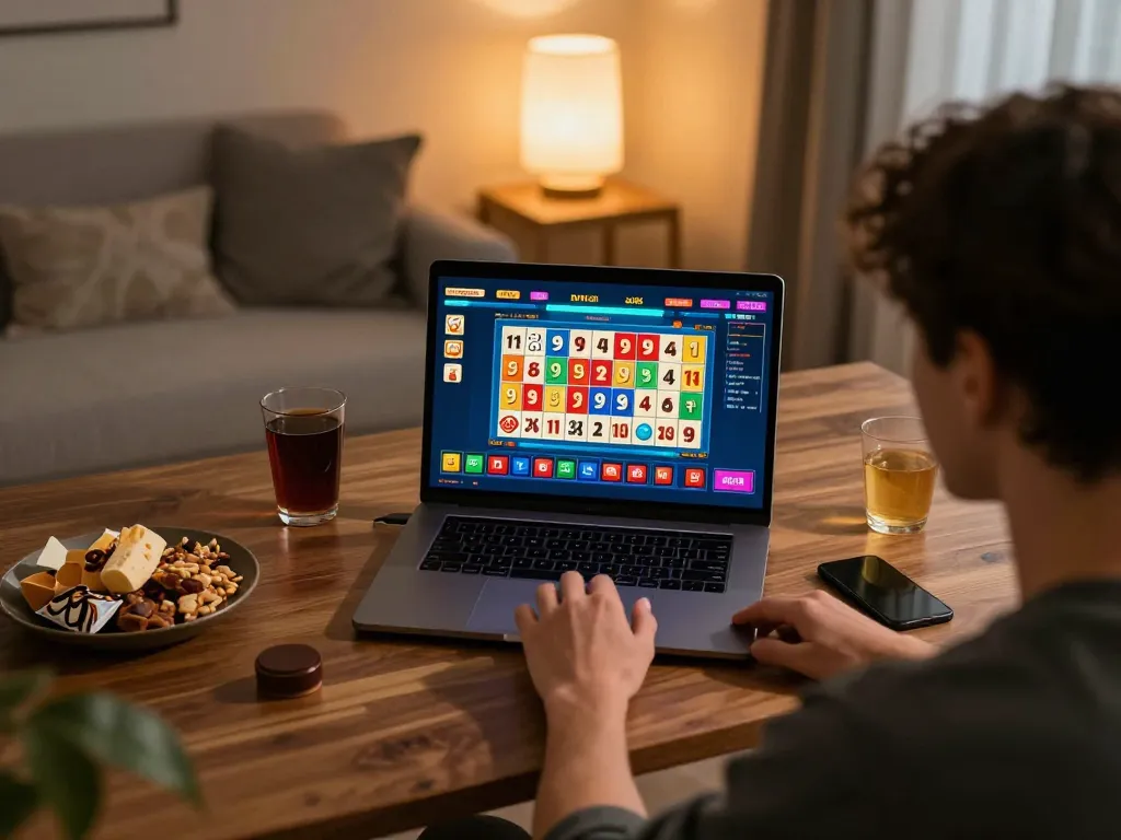 Lotto 9 4d player engaging with online game interface in a cozy home office setting