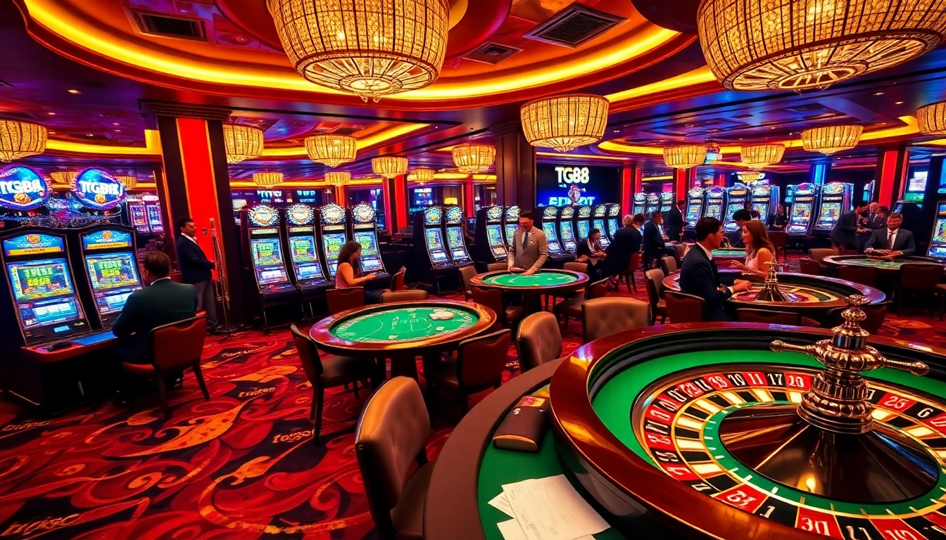 Engaging gaming atmosphere at tg88 casino featuring roulette and slot machines