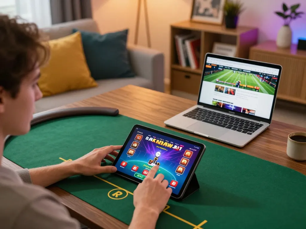 Engaging in poker on trang chủ 789win with a modern gaming setup in a cozy home environment