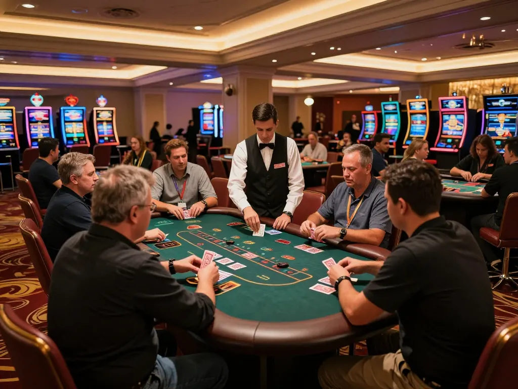 BL555 gaming experience at a vibrant blackjack table with players and dealers in action.