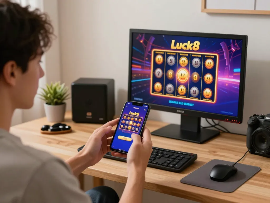 Player enjoying a winning moment on the Luck8 mobile casino app, showcasing vibrant slot visuals and home comfort