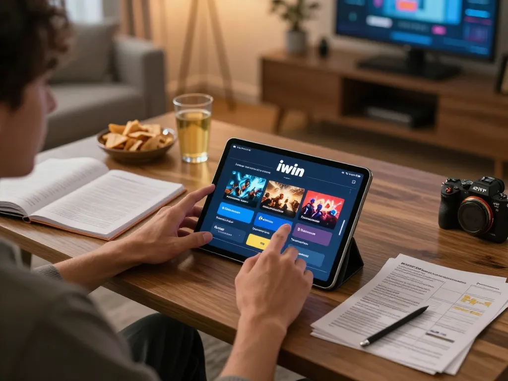 Engaging gameplay on iwin casino app at home, showcasing tablet, strategy notes, and cozy ambiance.
