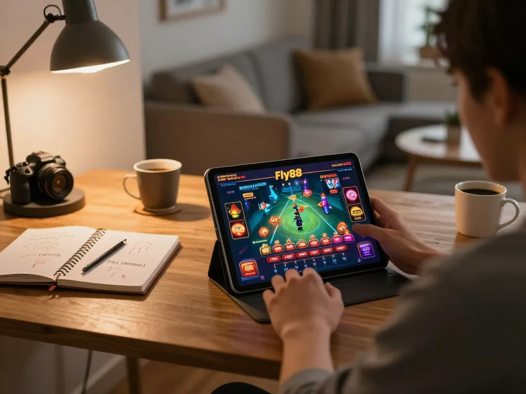 Engaged player utilizing Fly88 casino app on a tablet in a cozy home setting, highlighting online gaming experience.
