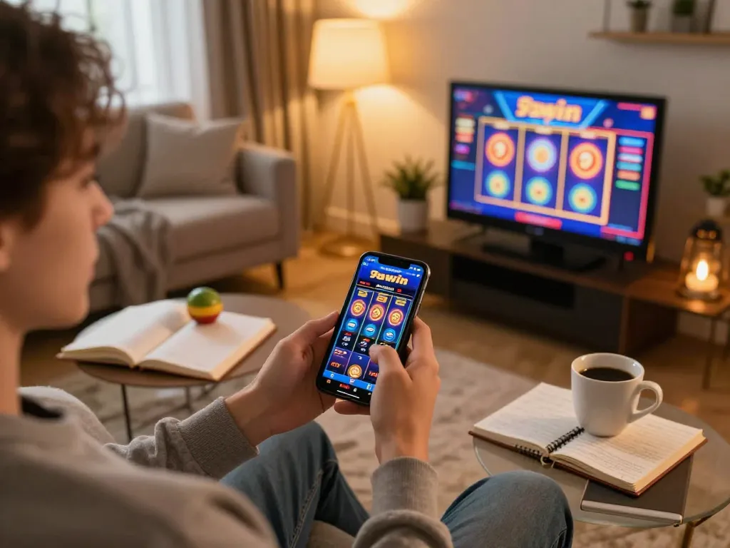 Playing the 98win casino app on a smartphone in a cozy setting, showcasing a responsible gaming environment.