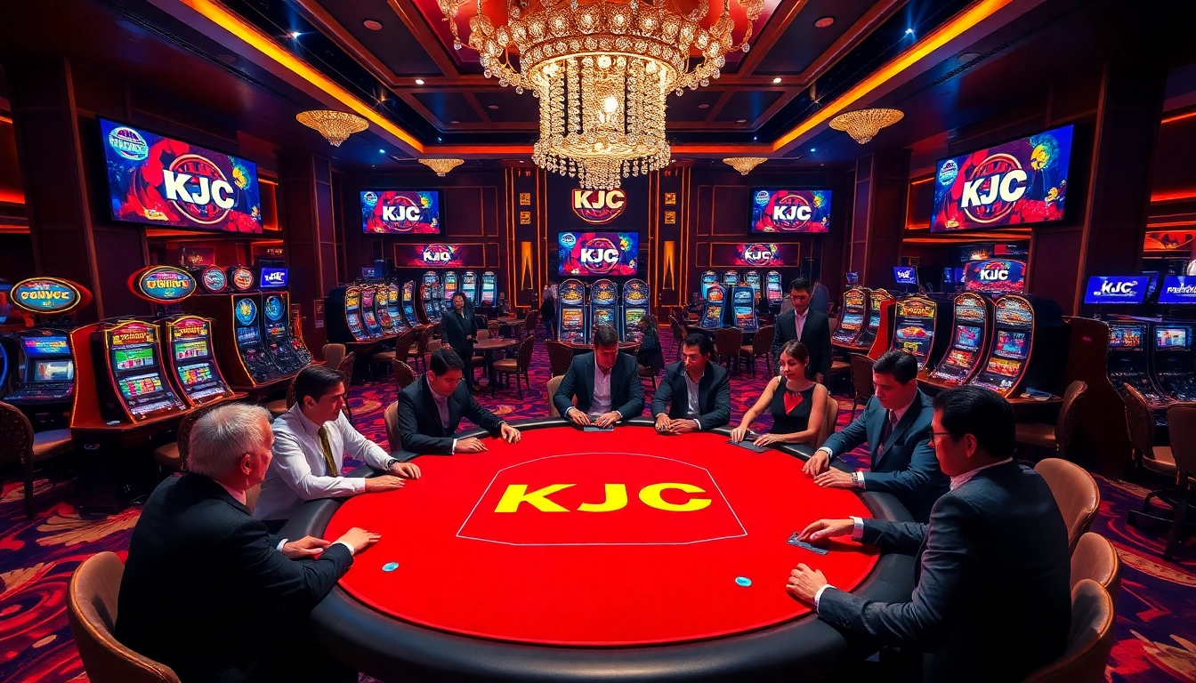KJC poker players strategizing around a luxurious table in an elegant casino setting.