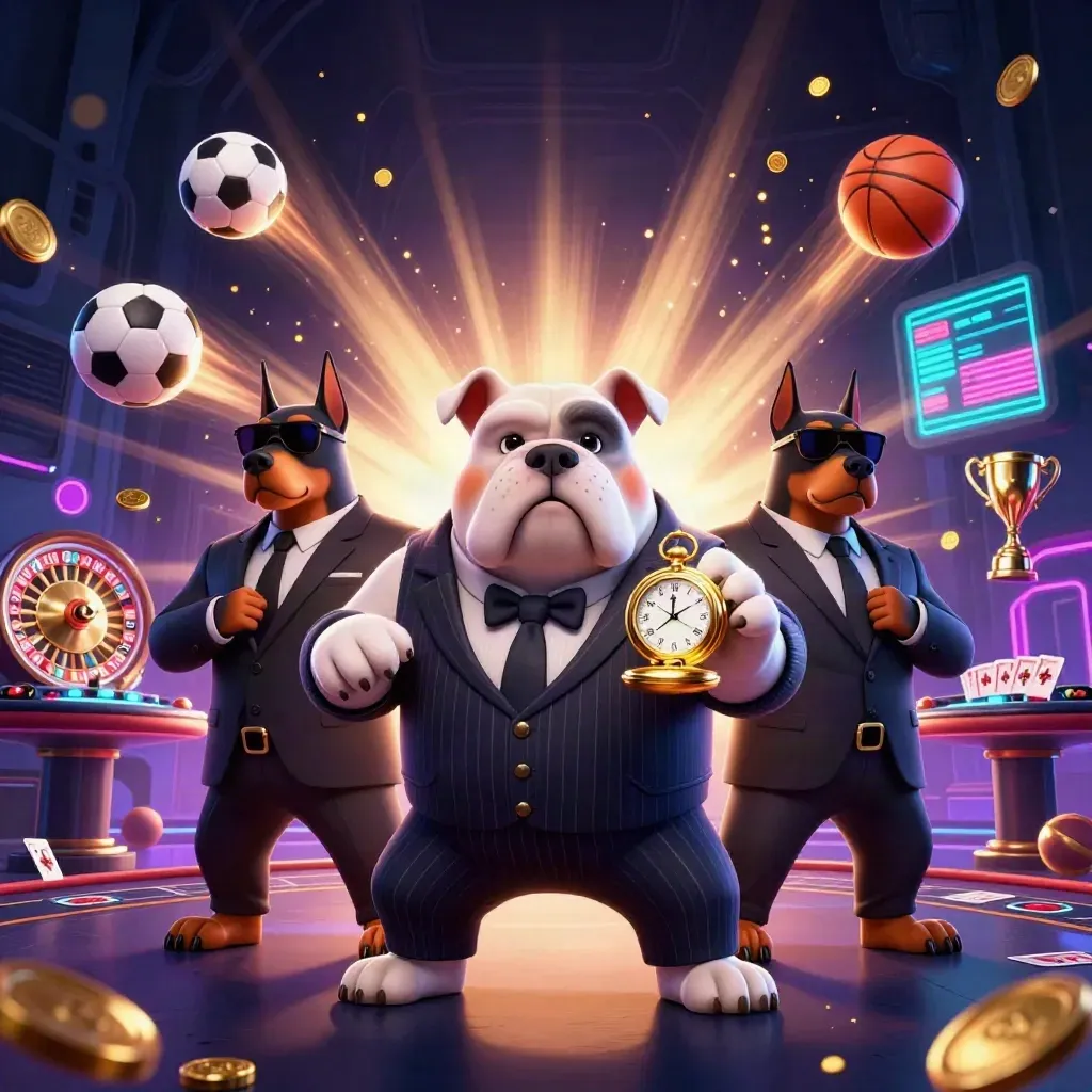 Bulldog boss and two Dobermans amid neon casino energy, sports balls, roulette wheel, and gold light.