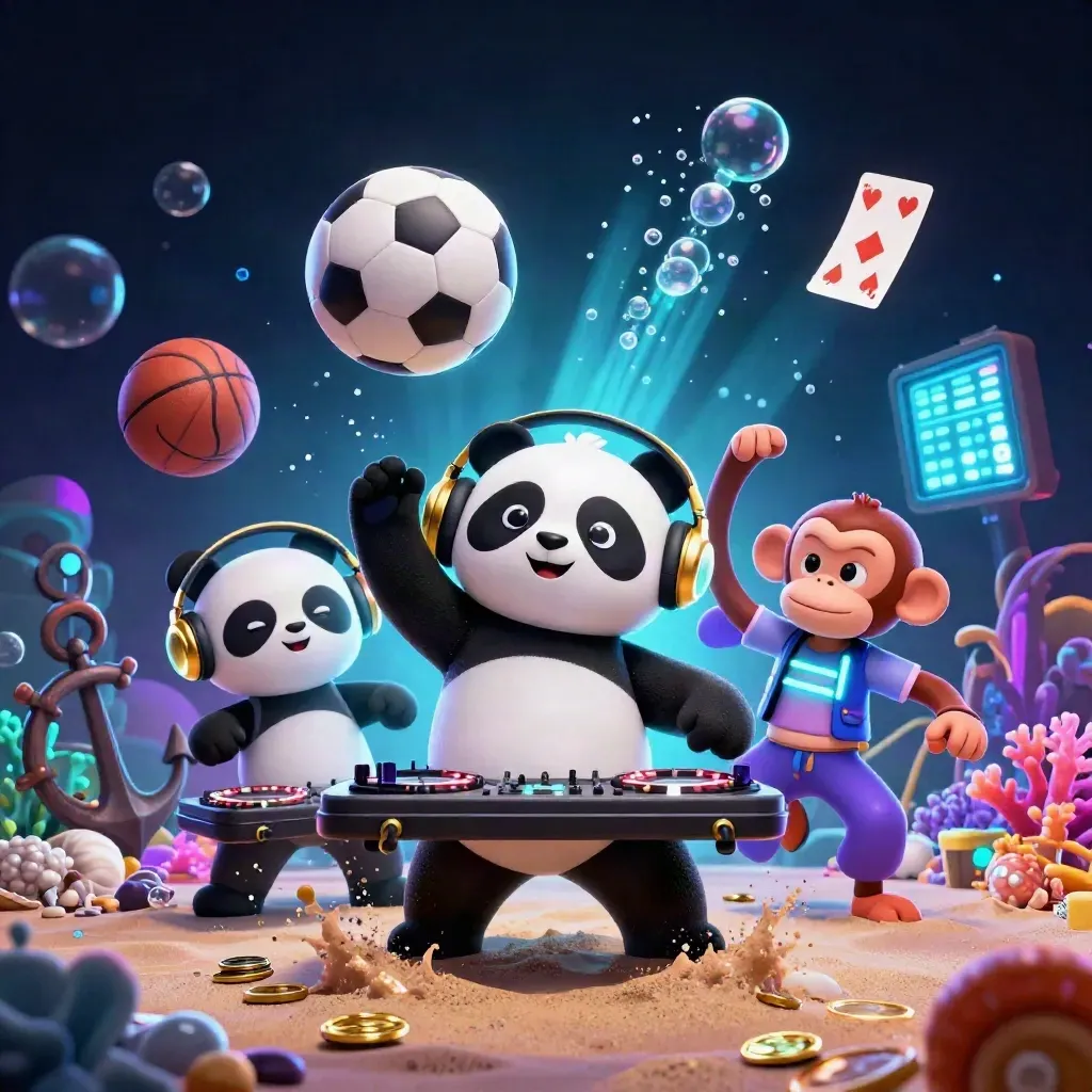 Underwater casino animals spin roulette turntables around a flying soccer ball, coins, coral and neon bubbles.