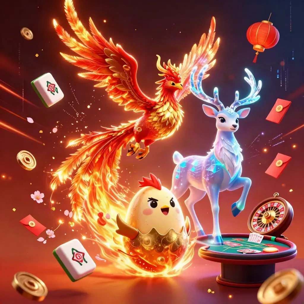 Fire phoenix, hatching chick and crystal stag amid casino tokens and neon effects