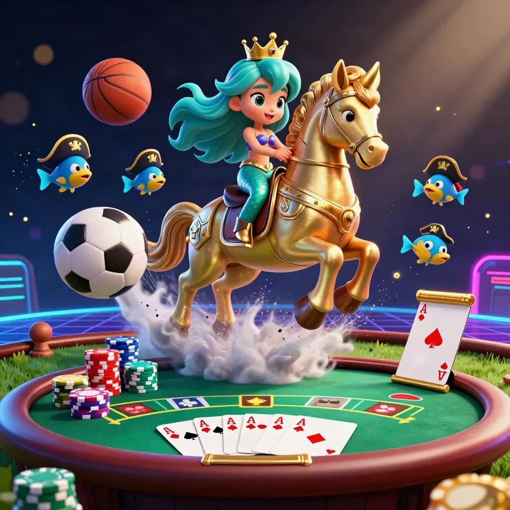 Mermaid princess on armored seahorse amid cards, chips, balls and neon casino lights