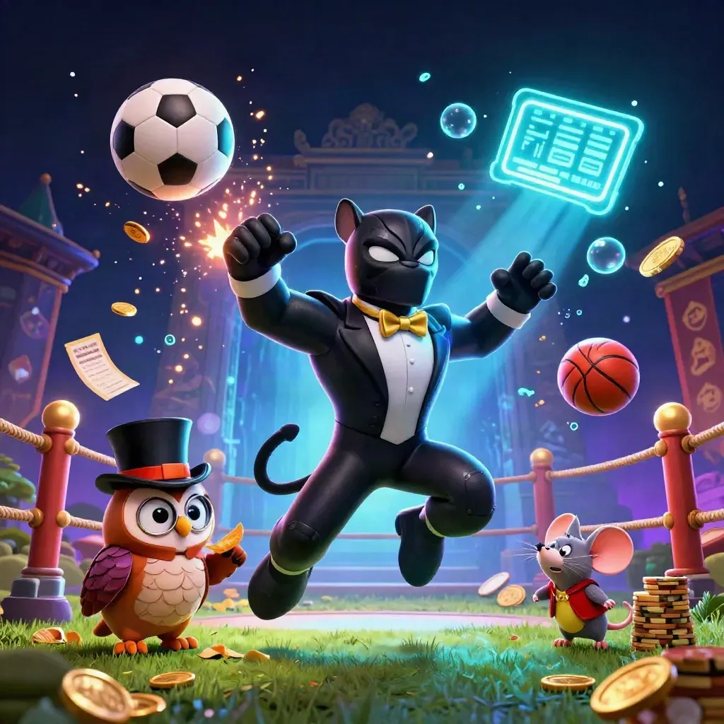 Panther, owl, and mouse in a neon ring with chips, coins, ball, and blue-gold sparks.