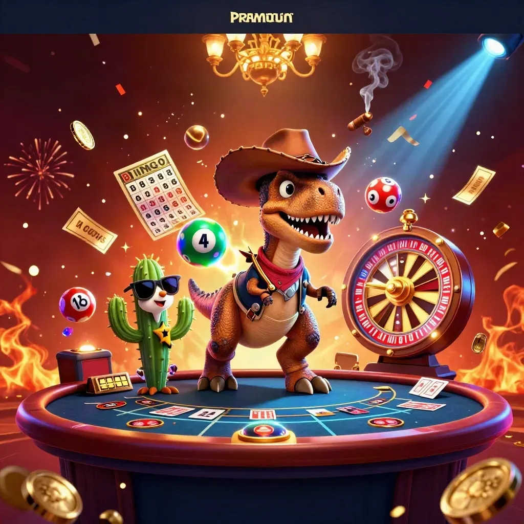 Cowboy T-Rex trio in a neon casino with spinning wheel, lottery balls, and confetti.