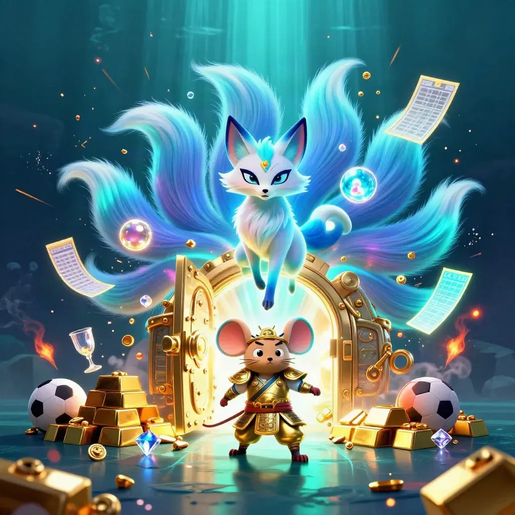 Neon fox spirit and armored mouse amid treasure vault, balls, gems, and underwater light