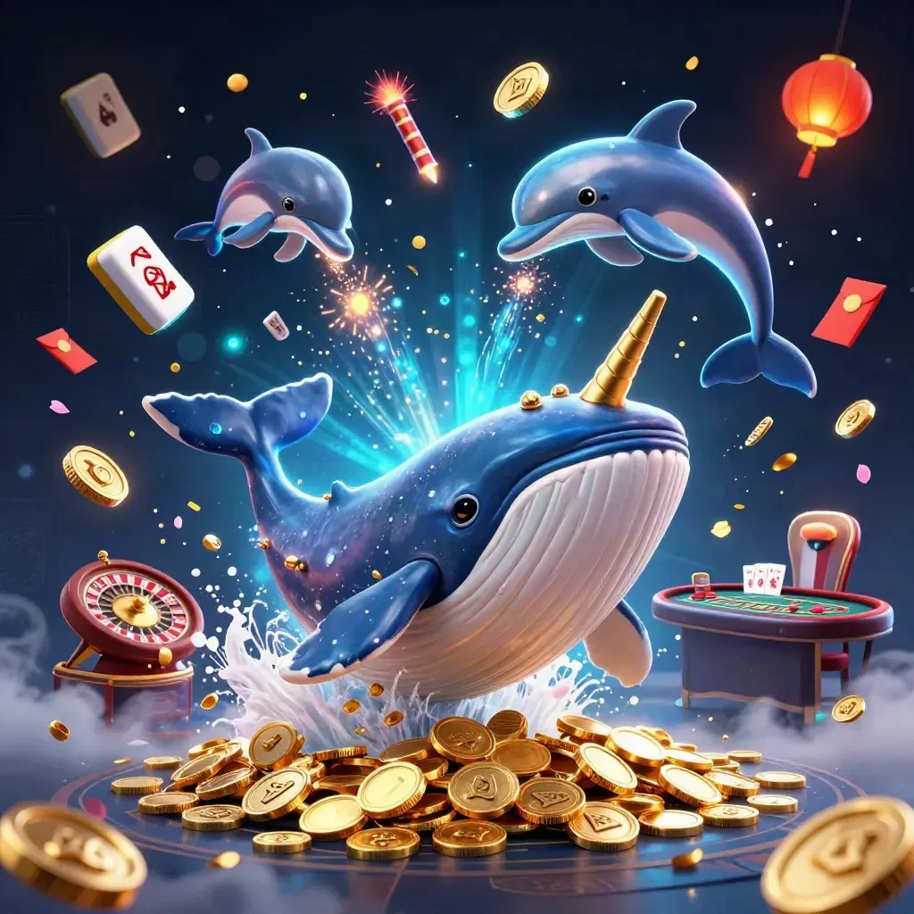 Whale, narwhal, and dolphins burst through coins amid neon casino magic and lanterns.