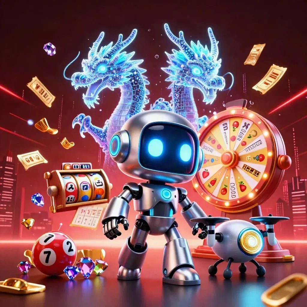 Cyberpunk robot, holographic dragon and coin drone amid neon casino treasure bursts.
