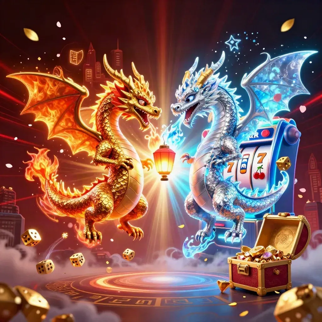 Gold and silver dragons swirl around a bursting slot machine with coins, gems, and neon effects.
