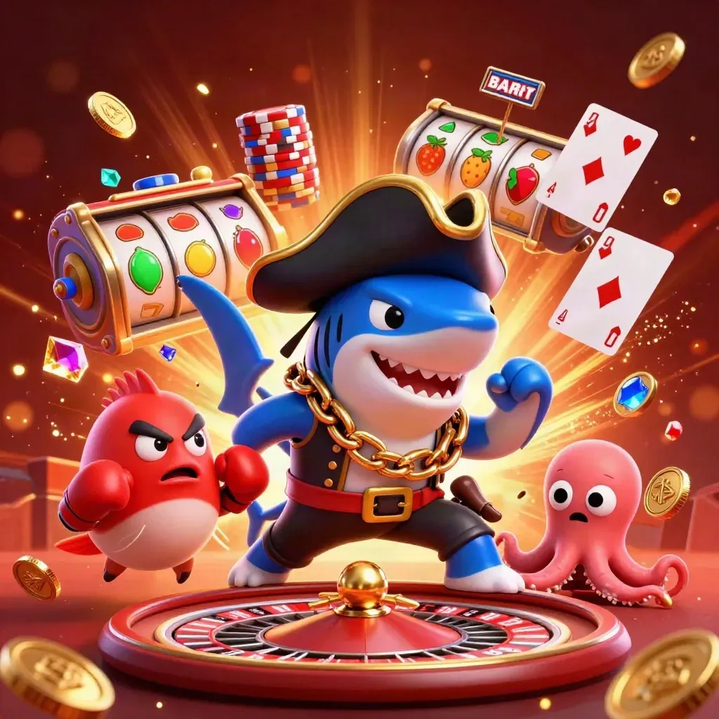 Pirate shark, boxing pufferfish and juggling octopus amid coins, chips, roulette and glowing gems.