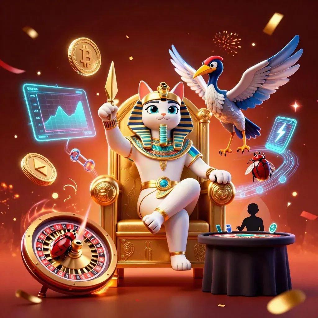 Pharaoh cat, ibis scribe, and gem-winged scarabs in a neon casino throne room with glowing coins.