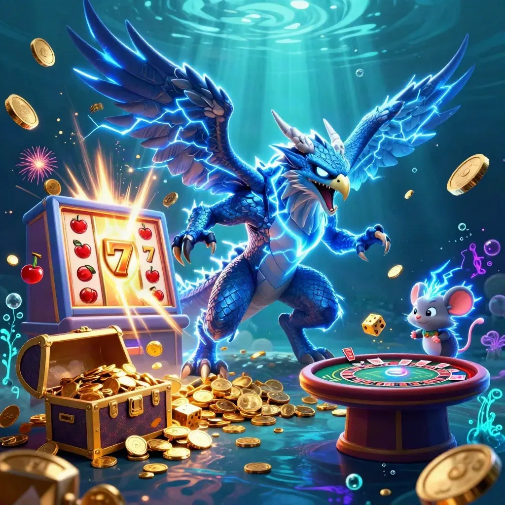 Thunder dragon, wind hawk and static mouse amid jackpot slots, coins, chest, roulette, neon glow
