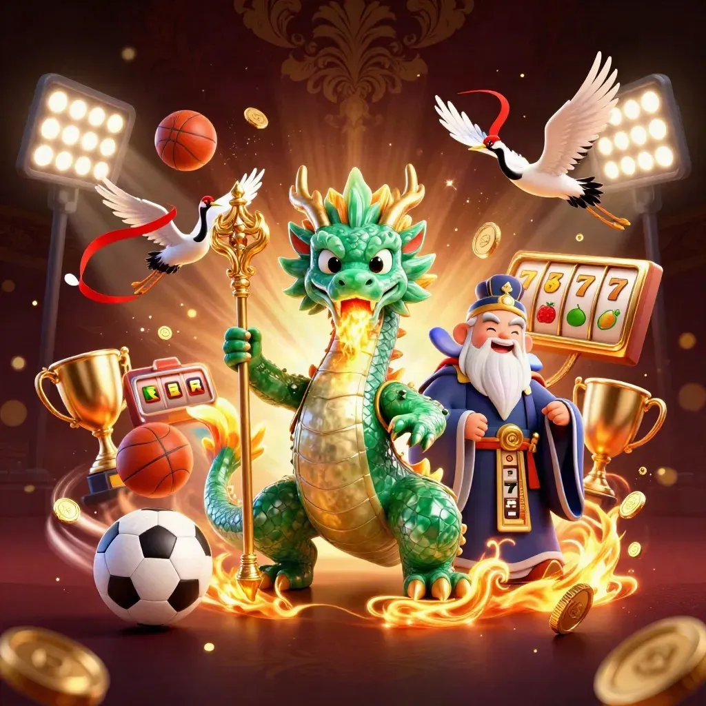Emerald dragon, turtle sage and ribbon cranes erupting with gold fire, coins, balls and casino treasure.