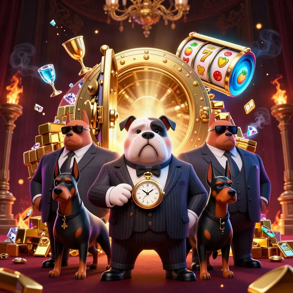 Bulldog boss and two Dobermans before an open gold vault amid casino treasures and neon glow.