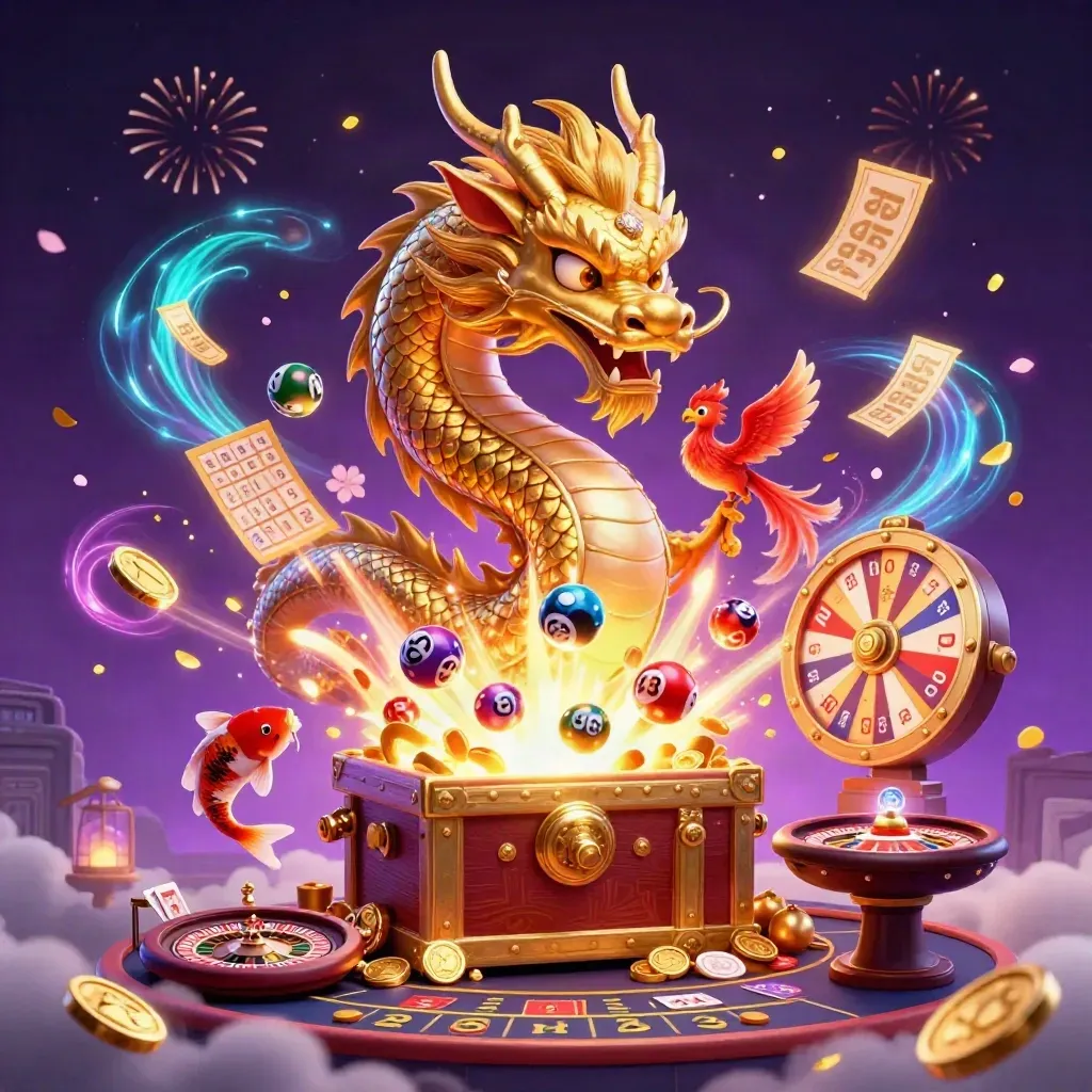 Golden dragon with phoenix, koi, coins, prizes and neon casino effects in a premium purple key art splash.