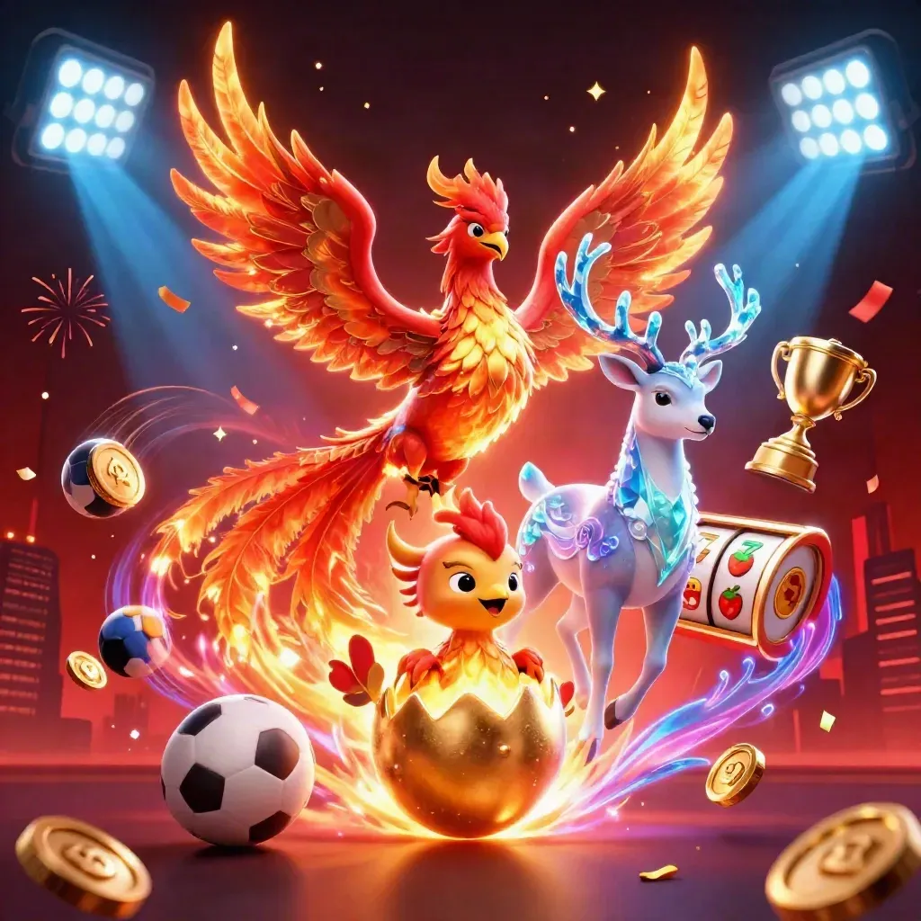 Crimson phoenix, hatching chick, and crystal-antler stag amid casino lights and coins