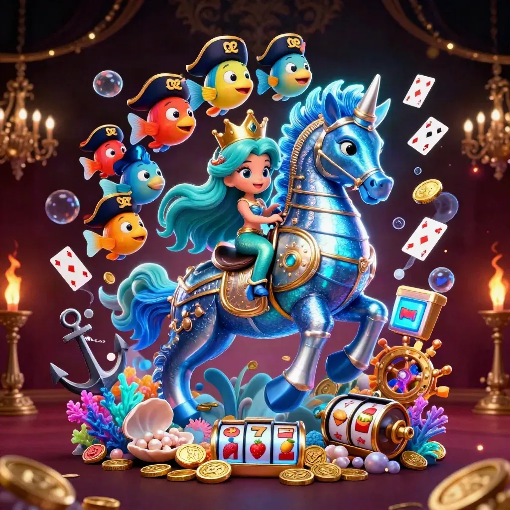 Turquoise mermaid on an armored seahorse with pirate fish, coins, coral, and casino reels.
