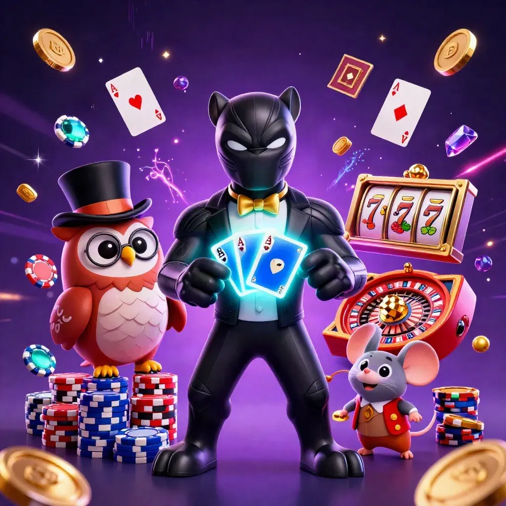 Panther, owl and mouse casino heroes amid cards, coins, chips and neon blue energy.
