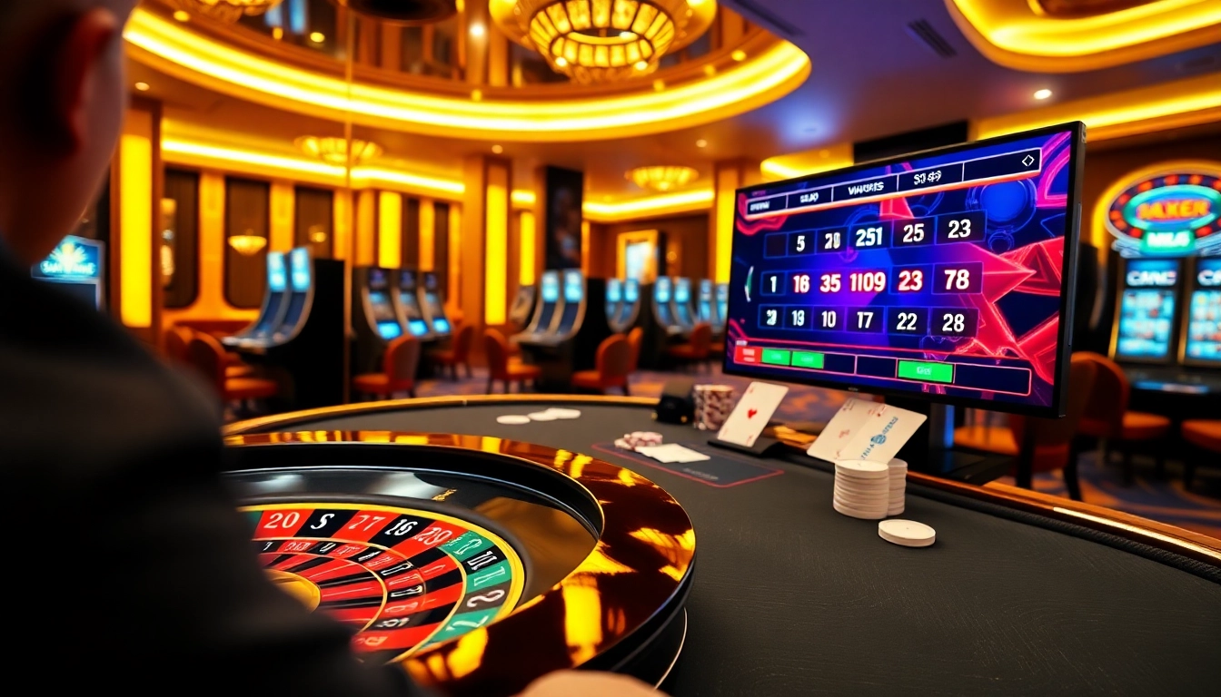 Experience thrilling gameplay at NK88 through a luxurious online casino environment featuring roulette and poker tables.