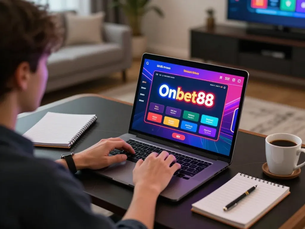 Experience the excitement of Onbet88 with engaging online casino gameplay in a cozy home setting