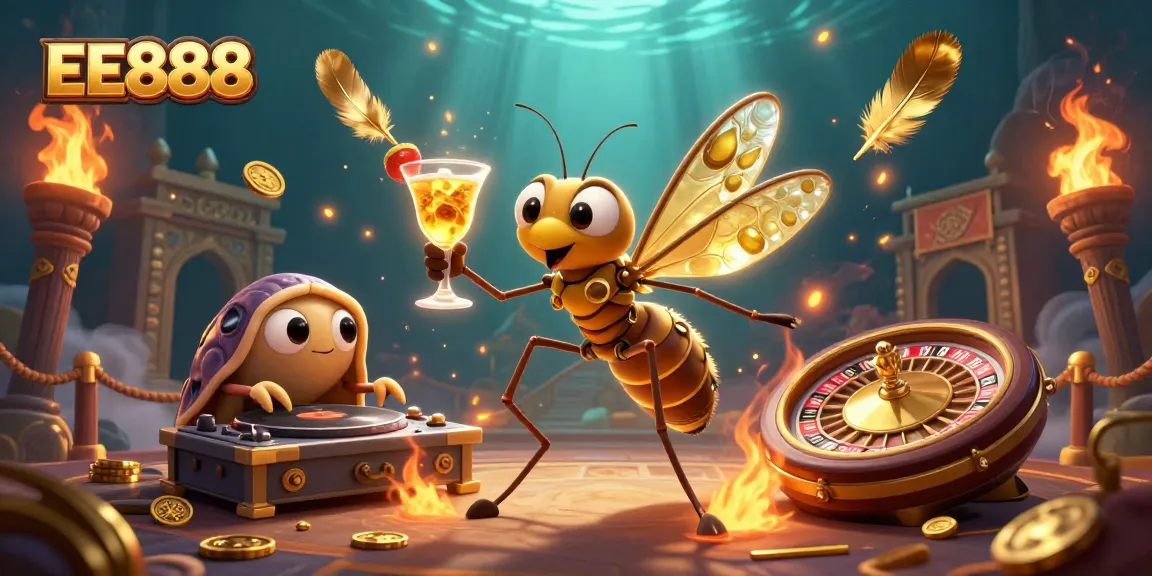Experience the thrill of EE888 with a vibrant casino-themed 3D illustration featuring dynamic characters and game elements.